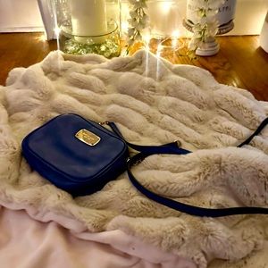 Elegant Blue Leather MK Bag with Gold-Plated Logo